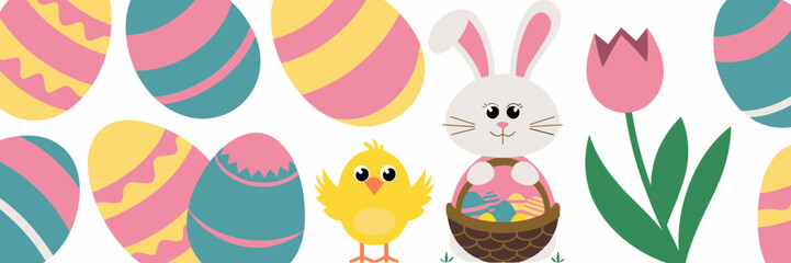 Obraz premium Easter icon set with bunny, chick, and colorful eggs – Perfect for festive events, holiday branding, or seasonal content.