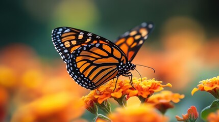 Monarch butterfly rests on marigold blossoms.