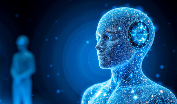 digital humanoid composed of blue glowing lines and nodes in abstract environment showing future artificial mind and intelligence design