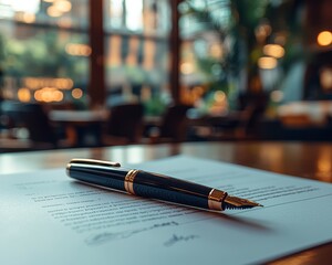 An elegantly staged business contract signing awaits completion under the soft glow of natural light The meticulously crafted document rests upon a sleek, modern desk, beckoning the final stroke of