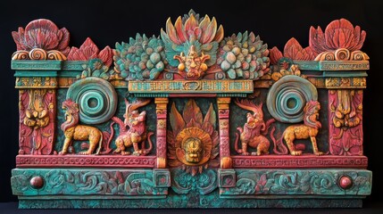 Naklejka premium Ornate sculpture with animal figures and floral designs against a dark background.