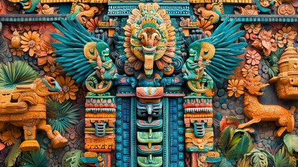 Ornate colorful carvings depict mythical creatures and floral elements on a wall.