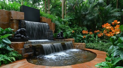 Naklejka premium A cascading waterfall feature in a lush tropical garden.