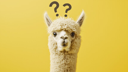 Fluffy confused alpaca with large eyes and question marks above, minimalist pastel yellow background