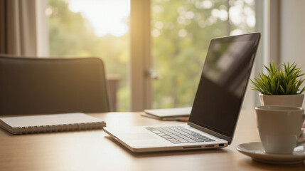 Fototapeta premium Bright office desk with laptop, morning light, coffee mug, green plant, notebook, remote work, clean minimal background, peaceful view, no people