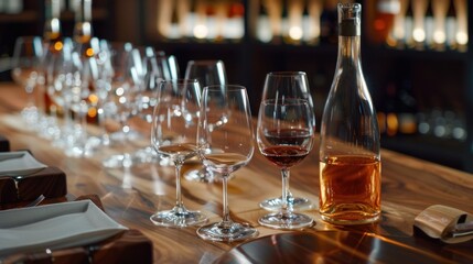 Empty wine glasses and amber bottle on wooden bar