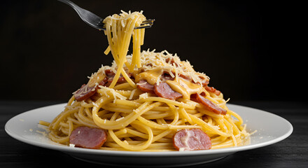 A heap of spaghetti is piled high on a black plate, topped with basil leaves