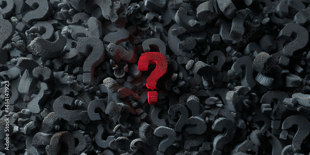 Aufkleber Red question mark stands out among many gray question marks, symbolizing unique solution, finding answers or problem-solving concept