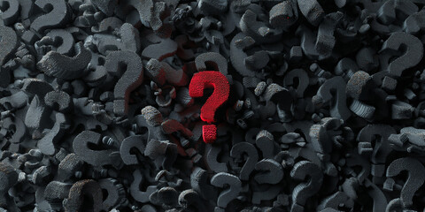 Red question mark stands out among many gray question marks, symbolizing unique solution, finding answers or problem-solving concept