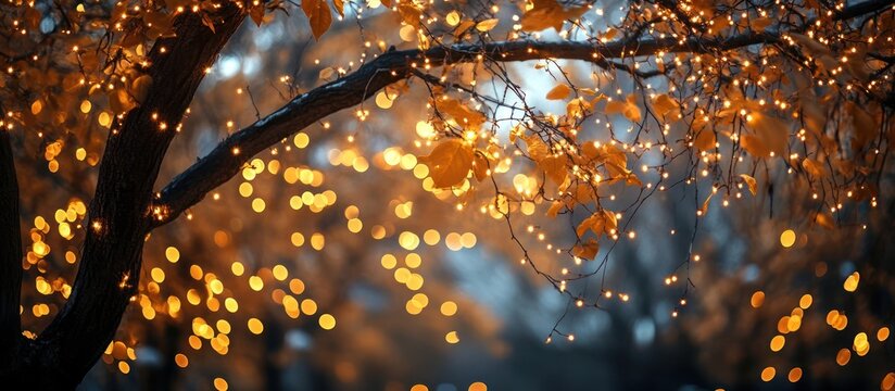 Autumn lights on park tree, bokeh background