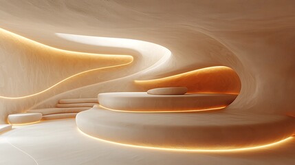 Elegant, organic, modern interior design.  Smooth, flowing shapes, warm lighting, and natural materials create a serene atmosphere