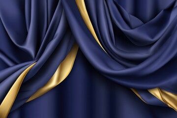 Fototapeta premium A sapphire blue velvet curtain cascades with elegant folds, shimmering with a golden sheen, creating a luxurious and dramatic backdrop.