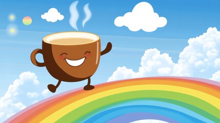 Naklejka premium Happy Coffee Cup Walks Rainbow