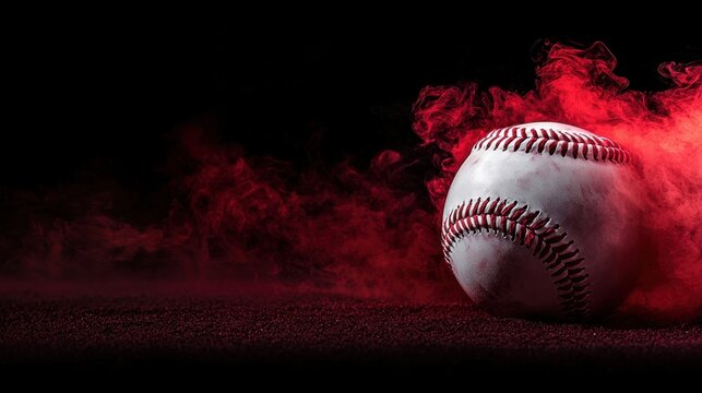 Dynamic shot of baseball with fiery red vapor swirling around, isolated against pure black background.
