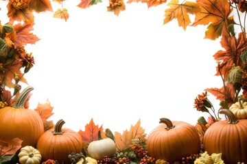 A festive autumn arrangement featuring pumpkins and colorful fall leaves framing a bright white space