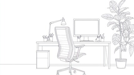 Fototapeta premium Line Drawing of a Modern Workspace