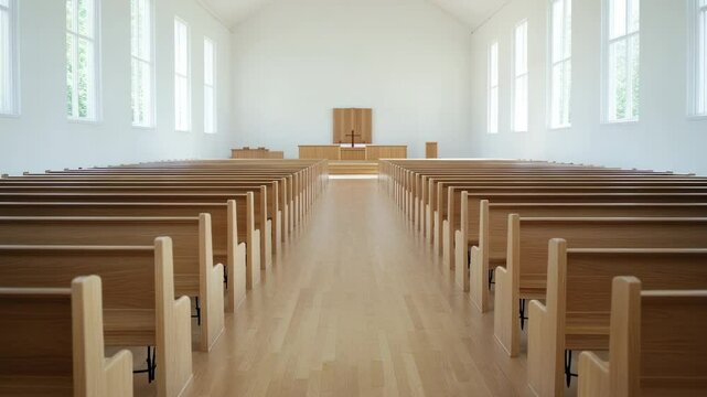 Modern indoor church with wooden pews and bright natural lighting creating a serene atmosphere for worship and reflection