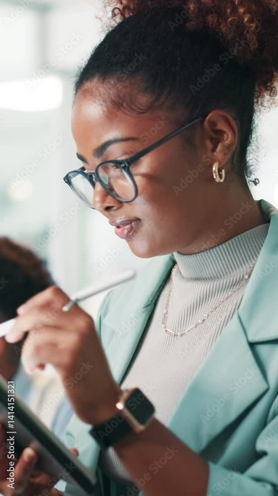 Poster Programming, developer and woman with glasses, tablet and coder with stylus for debugging and web. Business, programmer and person with tech for coding, online and research for project with software