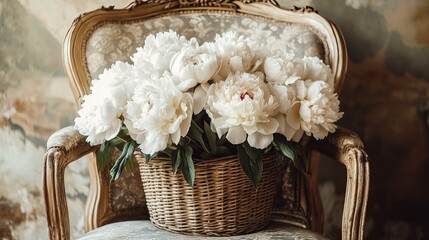 Elegant white peonies in a rustic wicker basket on antique chair art home soft chic gold bloom decor