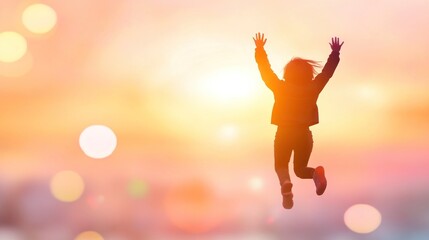 Joyful girl jumps, sunset sky