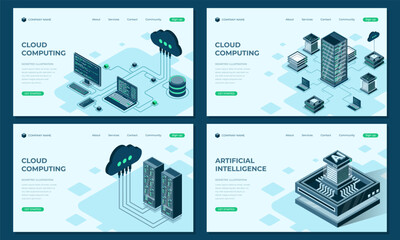 Set of isometric landing page template. Modern technology concept for cloud computing and artificial intelligence technology