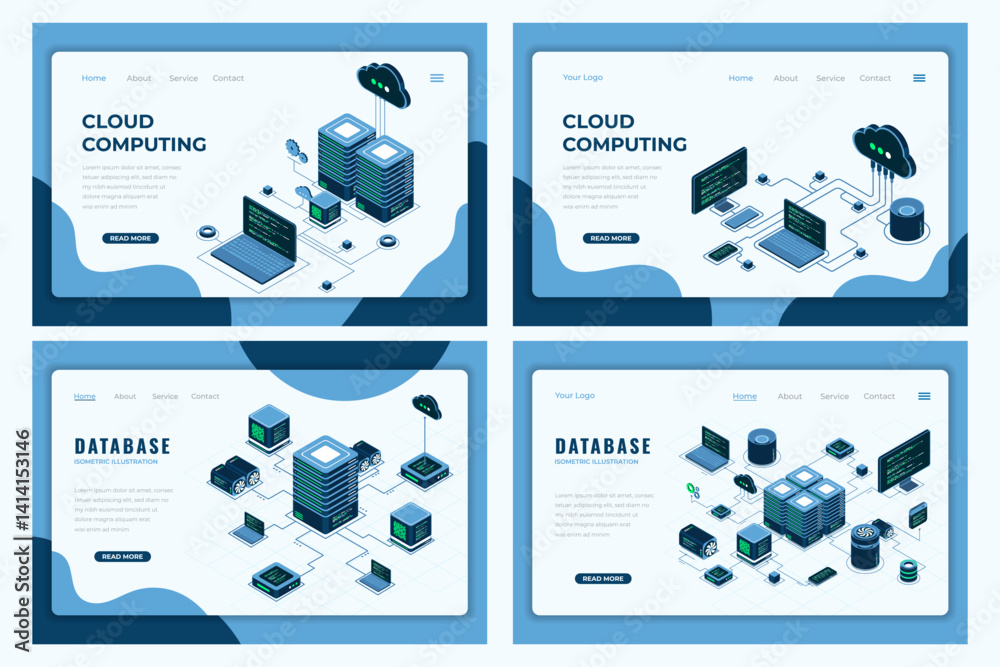 Poster set of isometric landing page template. modern technology concept for cloud computing and database t