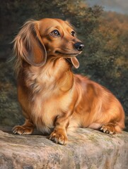 Obraz premium Elegant Long-Haired Dachshund Portrait in a Natural Setting, Canine Beauty