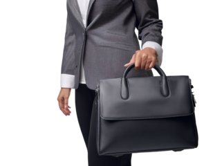 An employee carries a bag, without his face visible, isolated on transparent background