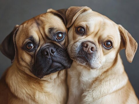 Adorable Puggle Pair: A Close-Up of Two Cute Dogs Snuggling Together