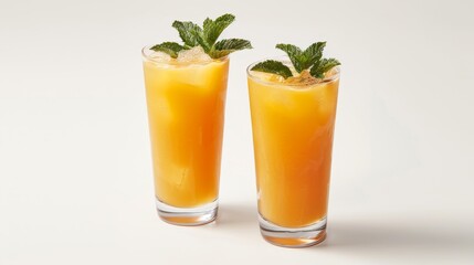 Fototapeta premium Refreshing summer mango fizz cocktail and iced tea with mint served in glasses on white background