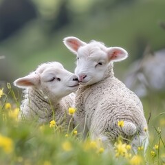 Obraz premium Adorable Curious Lambs Exploring the Meadow, Embodying Innocence and the Joy of Springtime