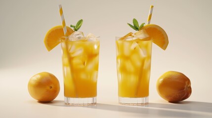 Refreshing summer mango fizz cocktail and mint iced tea served in elegant glasses