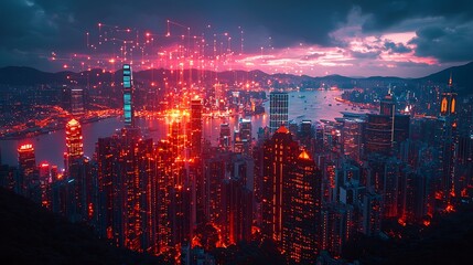 Fototapeta premium Vibrant cityscape at dusk, illuminated with digital streaks