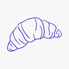 Croissant in blue color in doodle style hand drawing on a white background.