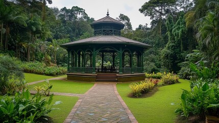 Fototapeta premium 72.A captivating view inside the Orchid House at Peradeniya Gardens, featuring exotic orchid varieties displayed in a well-lit, tropical environment with dense green foliage.