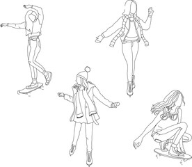 silhouette design vector illustration sketch image of teenage girl activity with roller skates with fashion style