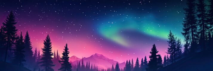 Naklejka premium Starry sky, winter forest landscape, northern lights