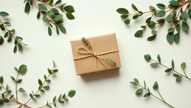 Kraft box, twine, and eucalyptus flat lay on white background. Sustainable product style with soft shadows and earthy minimalism, clean 8K resolution.