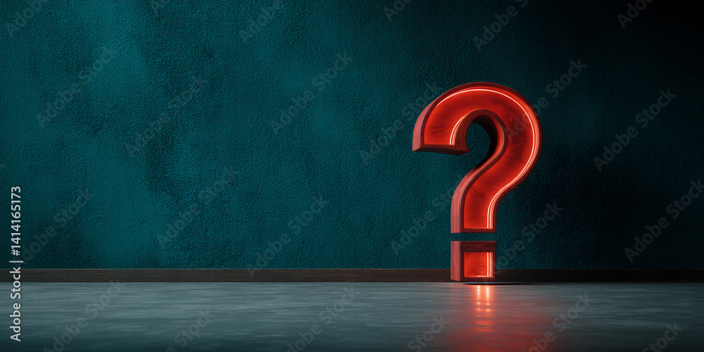 Aufkleber red illuminated question mark against teal textured wall, showcasing a concept of inquiry, uncertain