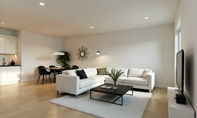 Living room with a white sofa, a black coffee table, and a white rug, a dining table with black chairs in the background
