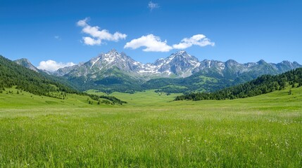 Fototapeta premium Serene nature landscape green field and blue sky mountain view