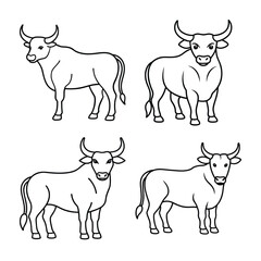 Set Of Bull Outlines In Different Poses Animal Line Art Vector Illustration