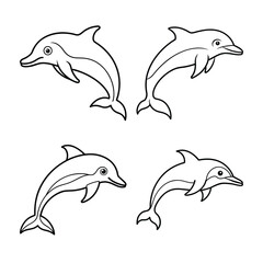 Outline Illustration Featuring Four Playful Dolphins Isolated On White Background