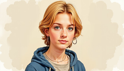 Thoughtful young girl with short hair in hoodie portrait expression