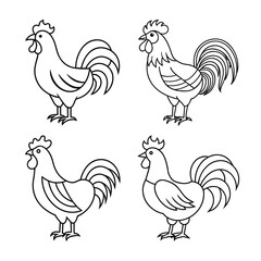 Cartoon Rooster Outline Vector Set Black And White Farm Animal Illustrations