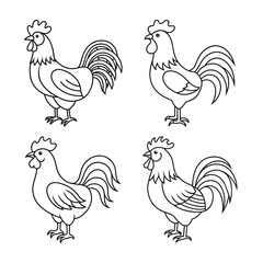 Rooster Vector Illustration Set Simple Line Art Farm Animal Chicken Design