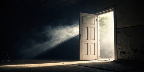 Open Door to Light Dark Room, Smoke, Sunbeam Composition, Hope, New Beginning, Escape, Freedom. Hope