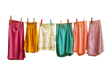 Colorful skirts drying on a clothesline summer laundry day bright colors