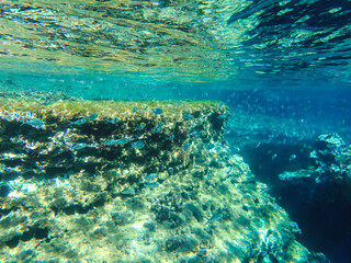 Ocean blue underwater with sunrays, Underwater Sea Deep Water Abstract Sunshine, sea wave , clean waters in summer time, Natural underwater seascape, sand on ocean floor and water surface with sunligh