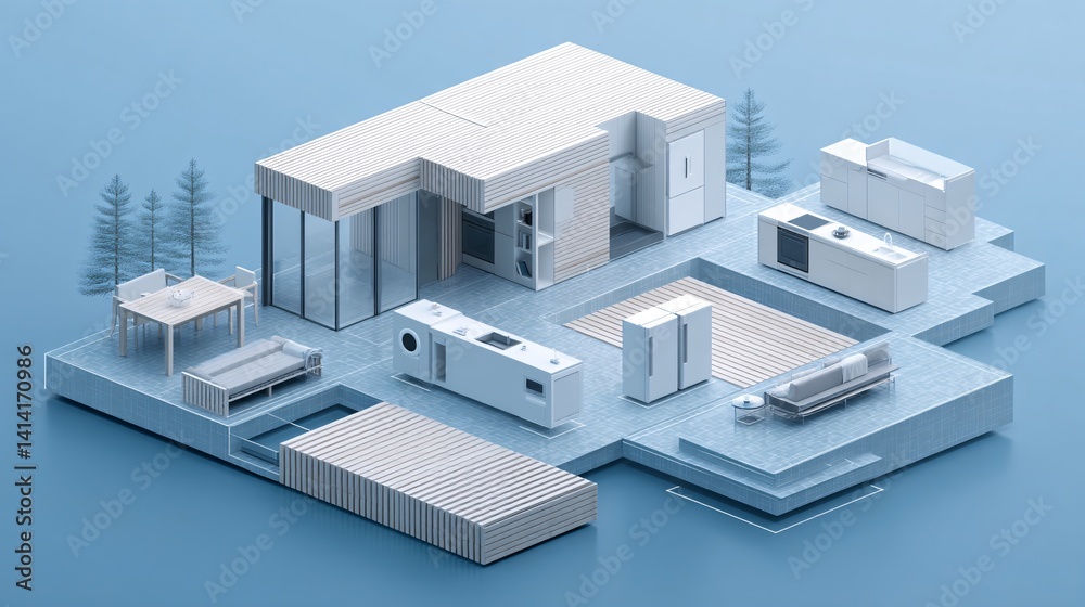 Poster against a backdrop of sleek, futuristic architecture, a remote control device commands the various c